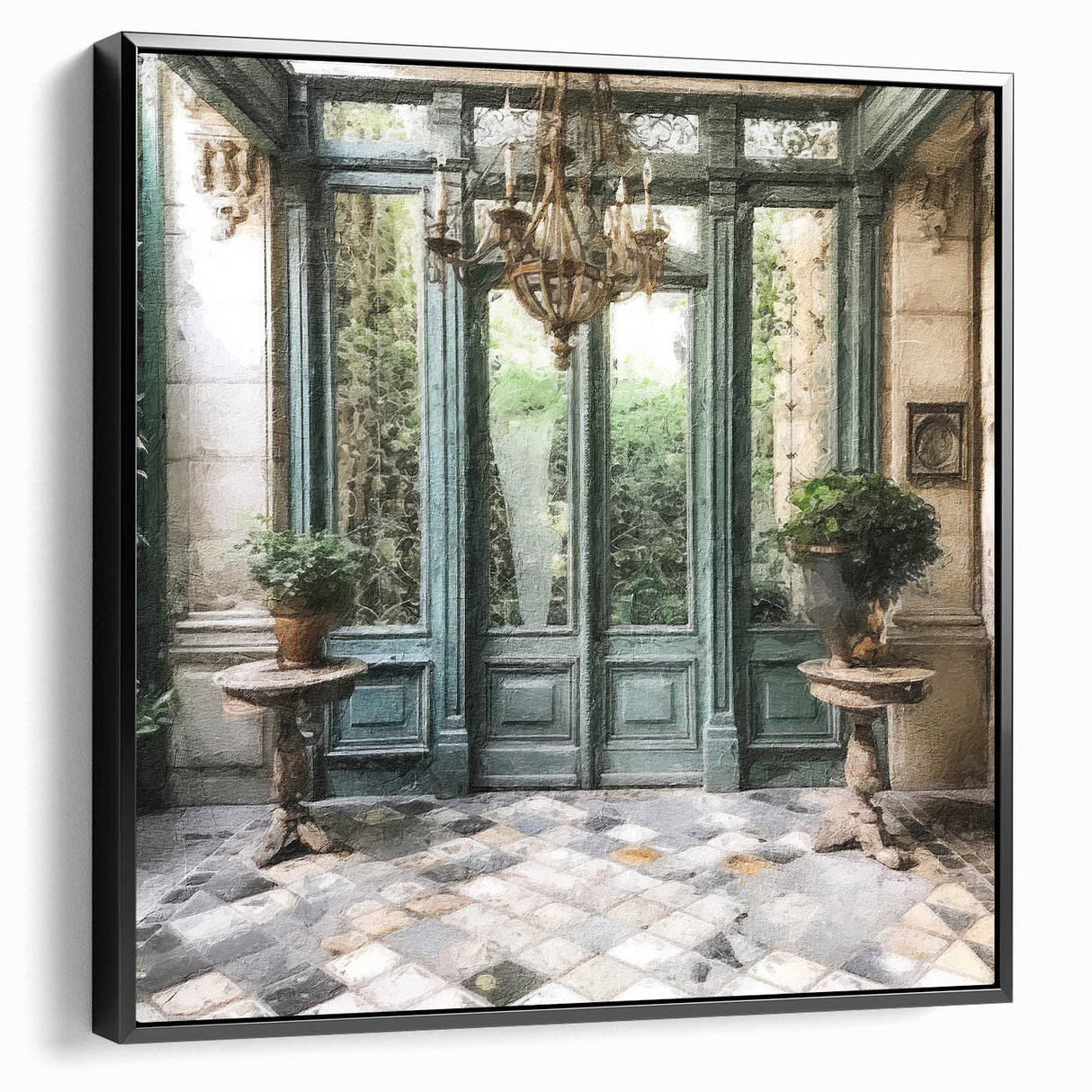 Black and white vintage poster art of a French door architecture on framed canvas, ideal for bedroom wall decor.
