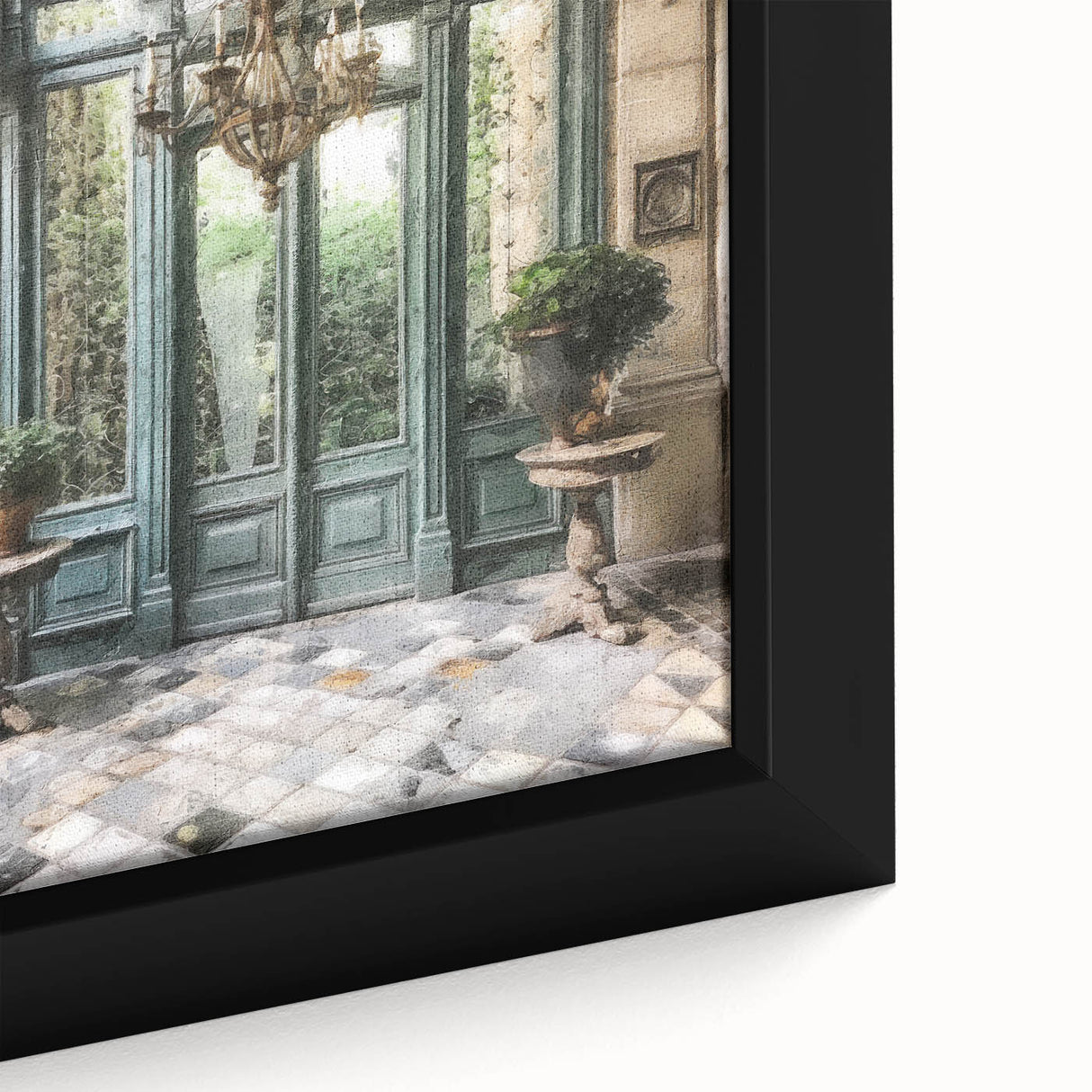 Extra large black wall art featuring a textured close-up of a French door, with colorful accents.