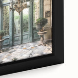 Extra large black wall art featuring a textured close-up of a French door, with colorful accents.