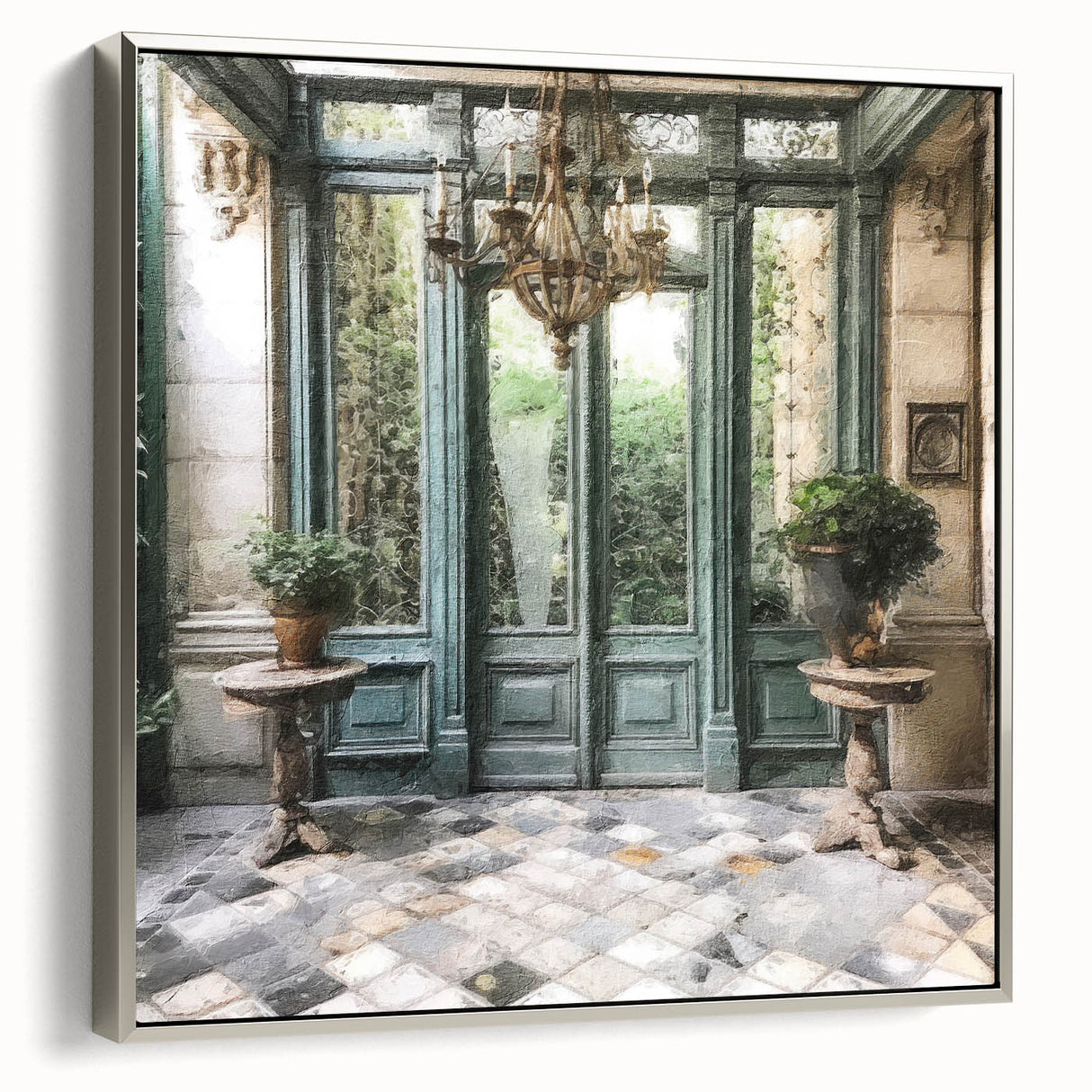 Framed canvas featuring a vintage poster of a French door in landscape format with vivid black and colorful art.