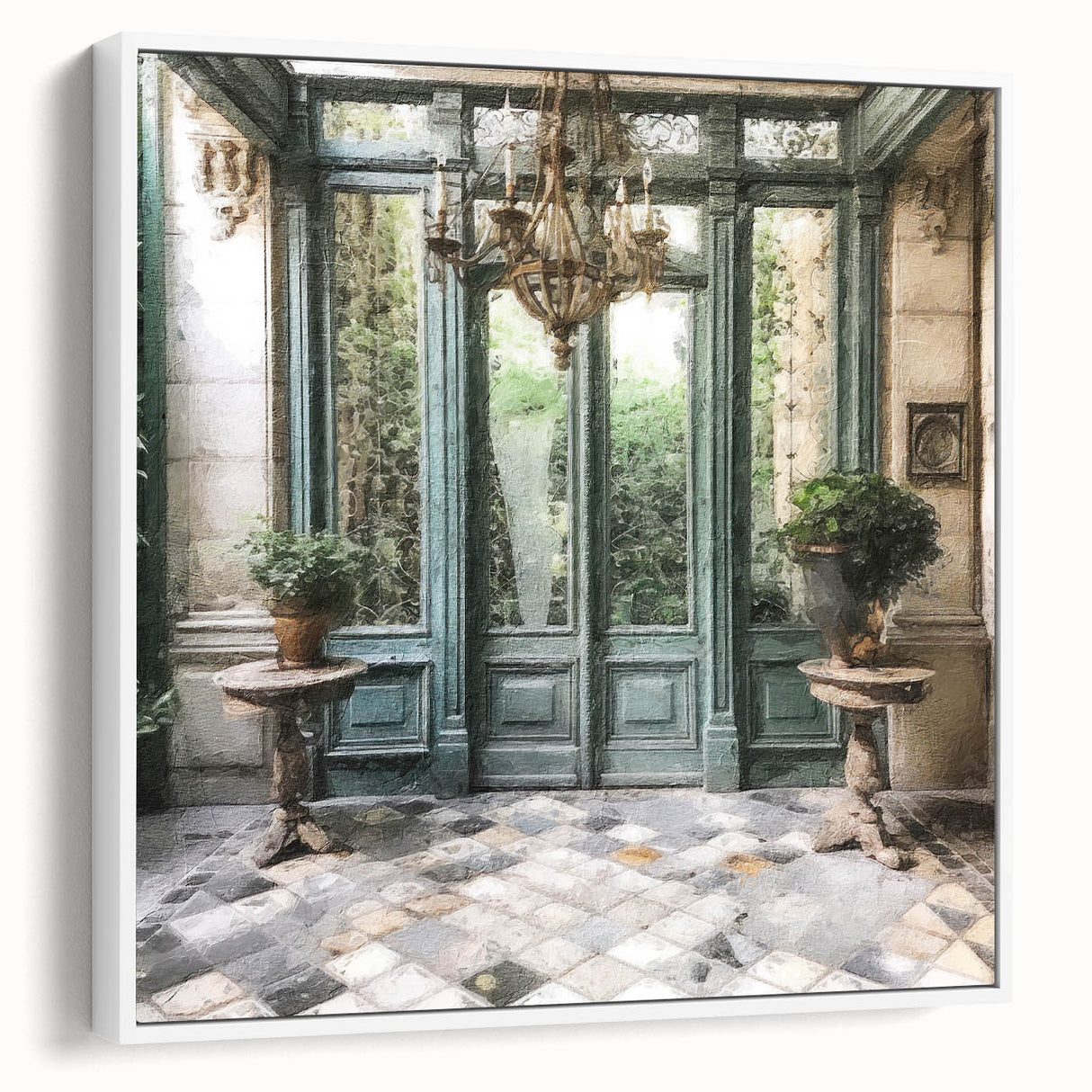 Vintage poster art featuring a detailed illustration of a French door, in a black and white color scheme on framed canvas.