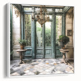 Vintage poster art featuring a detailed illustration of a French door, in a black and white color scheme on framed canvas.