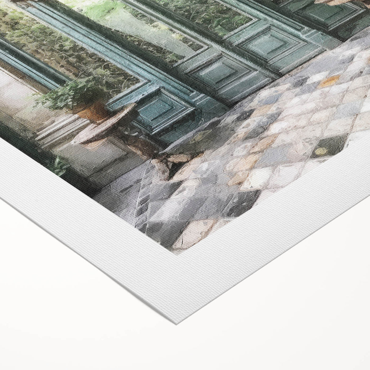 Art Deco style poster featuring an ornate French door design in muted earth tones on rolled canvas.