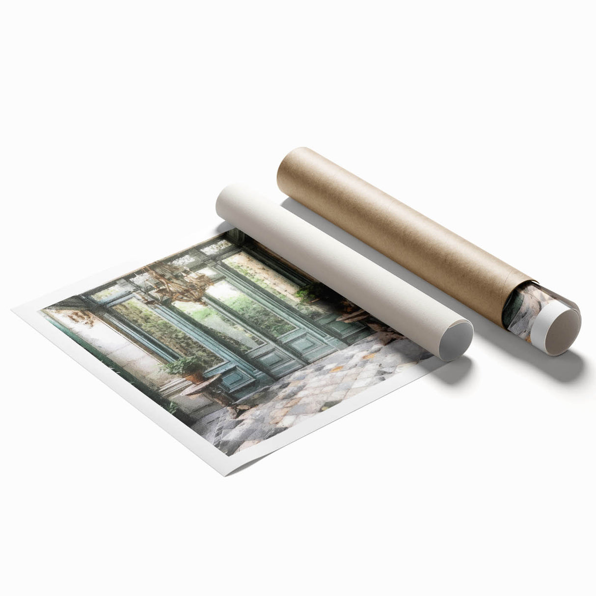 Extra large rolled print featuring a vintage floral art design on a French door, in muted pastel colors.