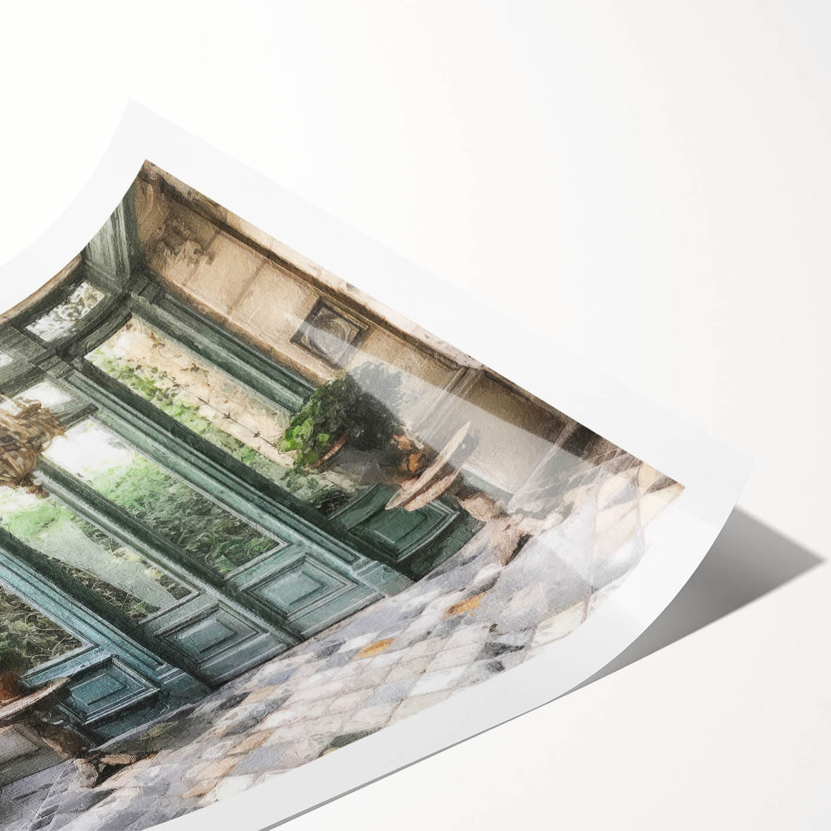 Extra large wall art featuring line art flowers on a rolled print, set against a French door backdrop.