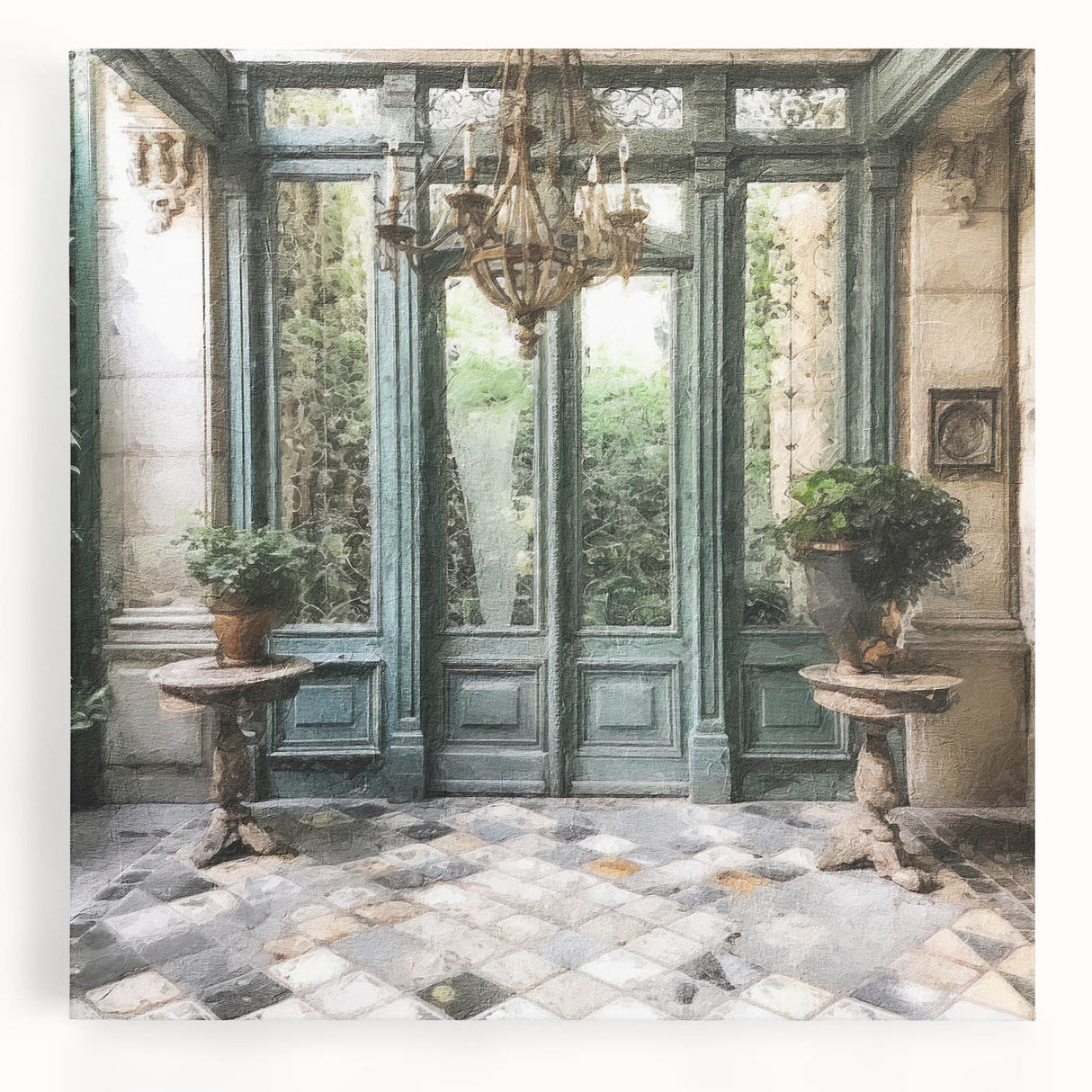 Black and white photograph of a detailed French door architecture on stretched canvas, suitable for kitchen art.