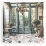 Black and white photograph of a detailed French door architecture on stretched canvas, suitable for kitchen art.