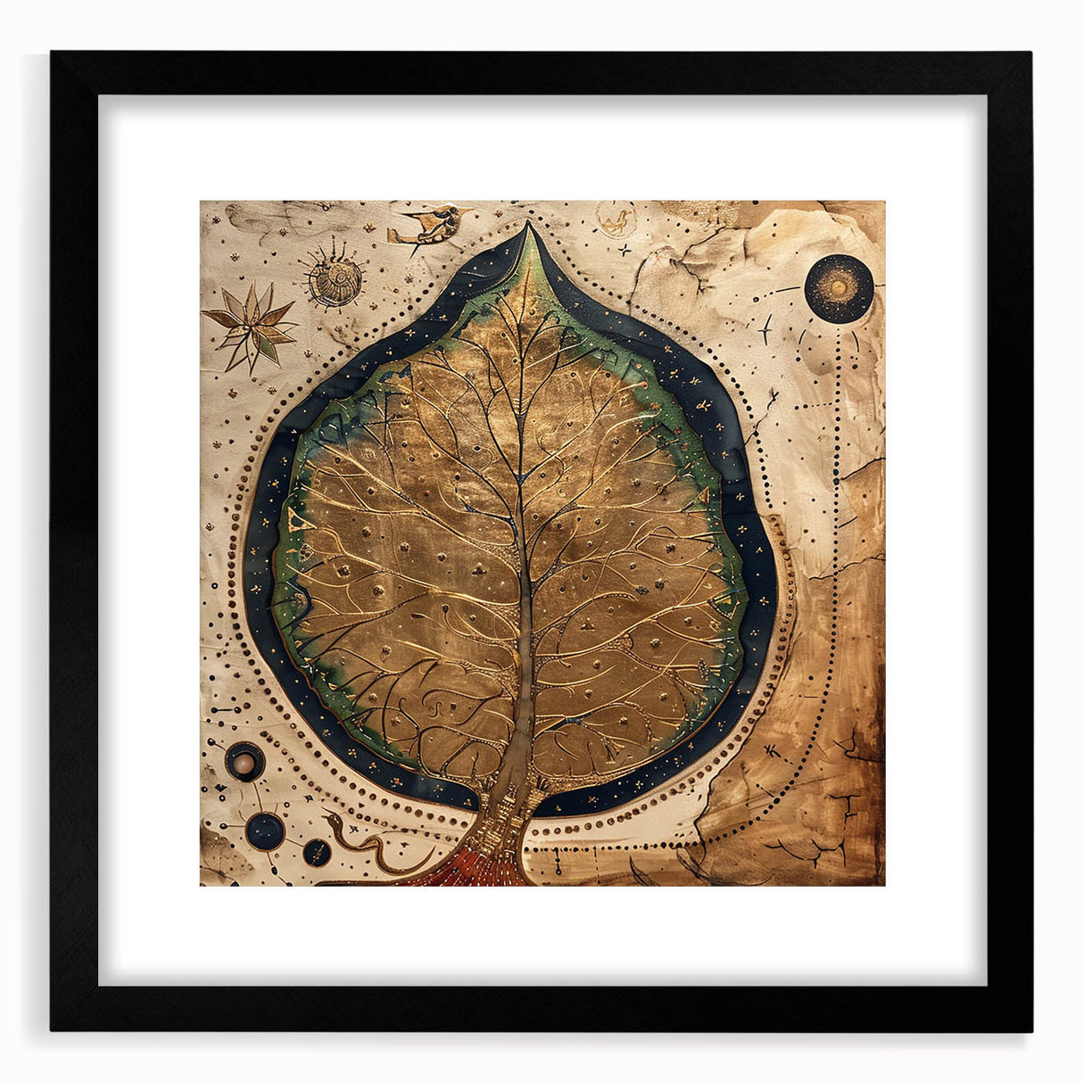 Framed wall art featuring a botanical design with vibrant flowers and leaves, set in a sleek black frame with a white mat, ideal for home decor.