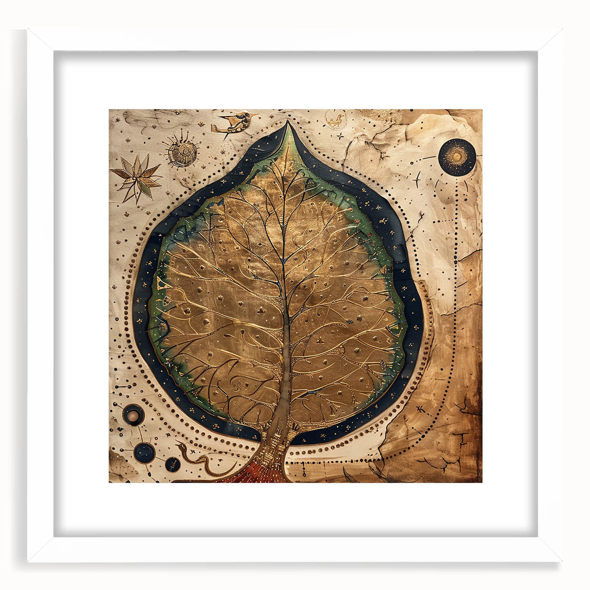 Framed wall art showcasing a vibrant floral and botanical design with green leaves, featuring a white mat and elegant frame, perfect for home decor.