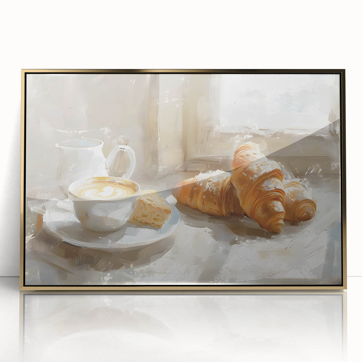 Large art print featuring assorted pastries in soft pastel colors, framed in gold acrylic, ideal for nursery wall art.