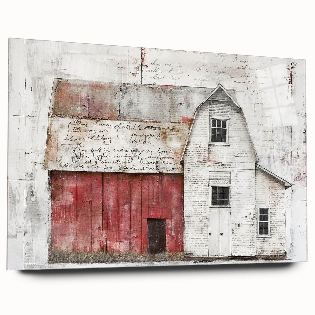 Acrylic glass wall art featuring a vibrant landscape barn scene, showcasing rich colors and intricate details, ideal for rustic home decor. The side view highlights its sleek finish, making it a stunning focal point for any room.
