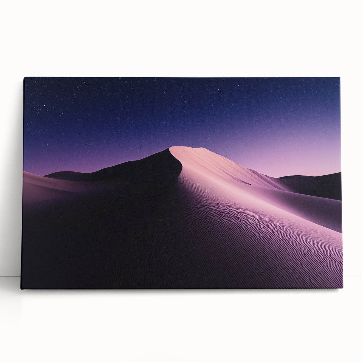 Desert landscape stretched canvas art, showcasing warm earthy tones and dramatic dunes, perfect for home decor, leaning against a wall for display.