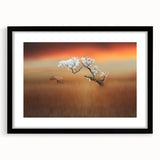 Black-framed landscape artwork featuring vibrant fields and rolling hills, designed with a white mat for an elegant presentation and ready for display.
