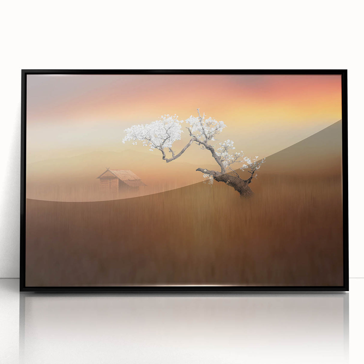Framed acrylic artwork of lush green fields under a bright blue sky, showcasing vibrant landscape scenery with a sleek black frame, ideal for home decor.