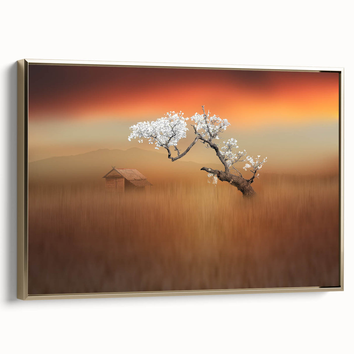 Framed canvas artwork depicting a vibrant landscape with golden hues, showcasing rolling fields and a serene sky, perfect for home decor enhancement.