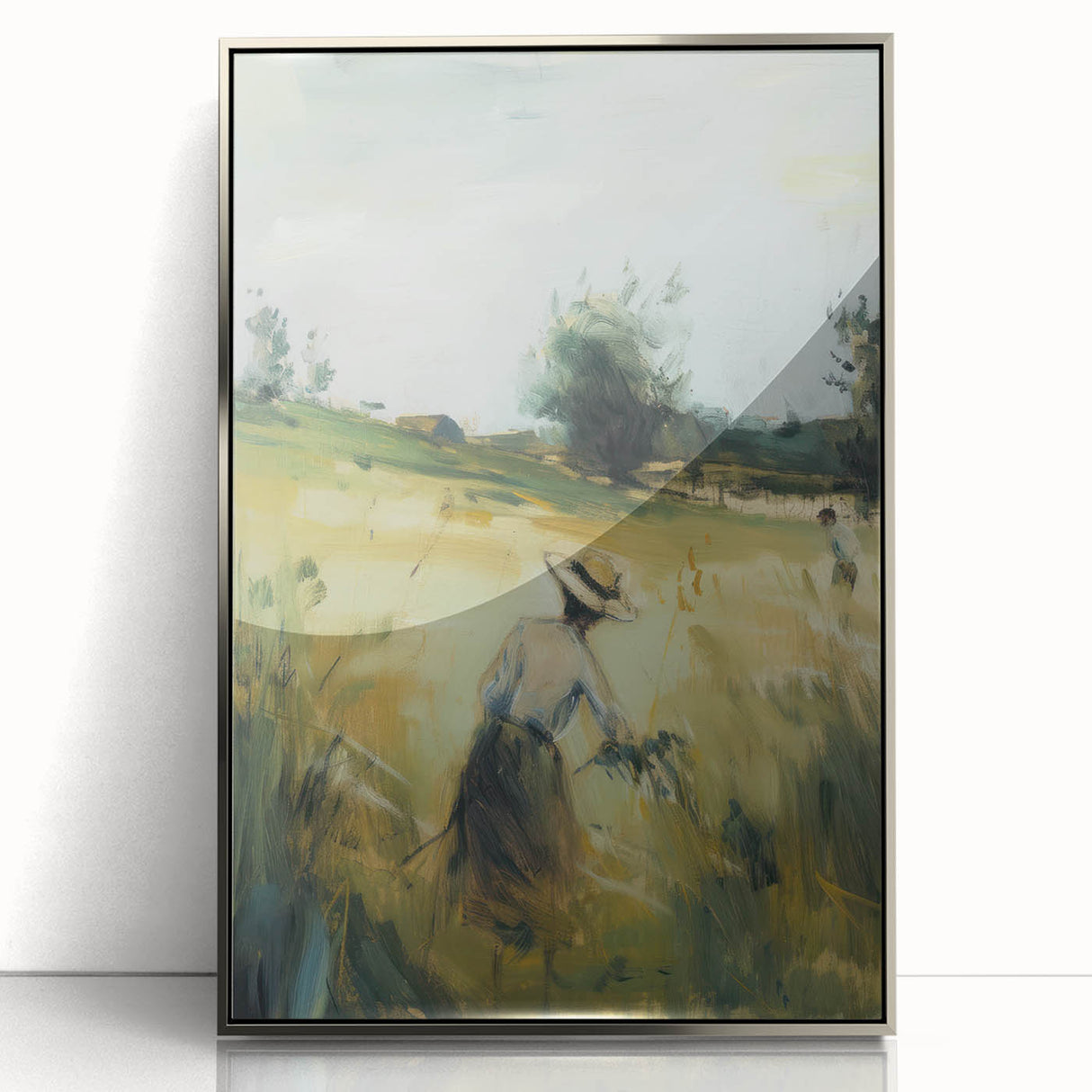 Framed acrylic landscape art piece showcasing a serene mountain view with vibrant colors, set in a sleek silver frame, perfect for modern home decor.