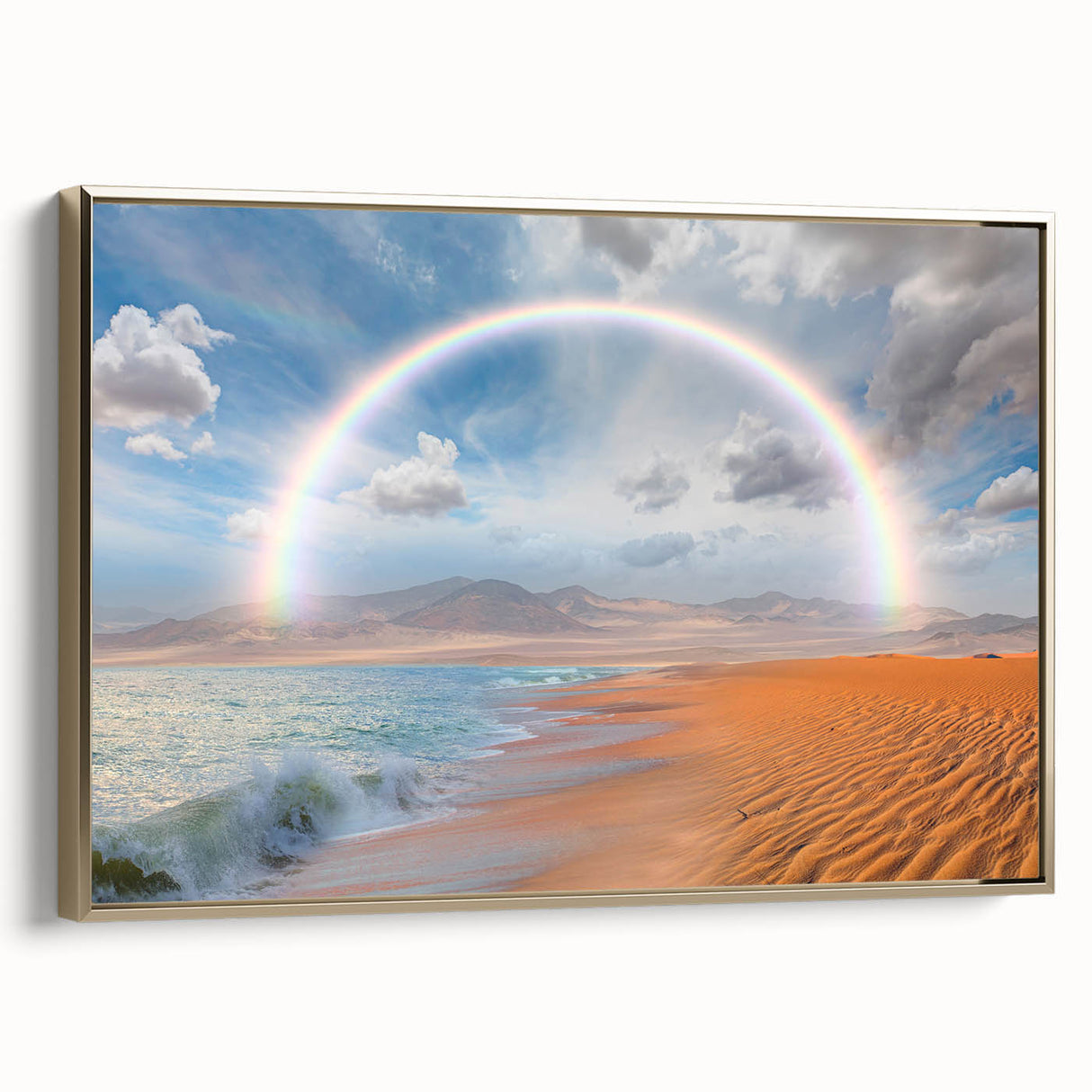 Landscape art painting of Namibian scenery on framed canvas, featuring golden hues amid a vintage poster style.