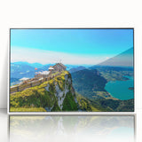 Mid-century modernist art depicting a serene Austrian landscape in muted earth tones on a framed acrylic.