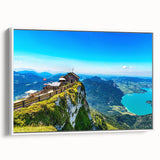 Vintage poster art of a scenic European landscape on extra-large framed canvas, ideal for living room decor.