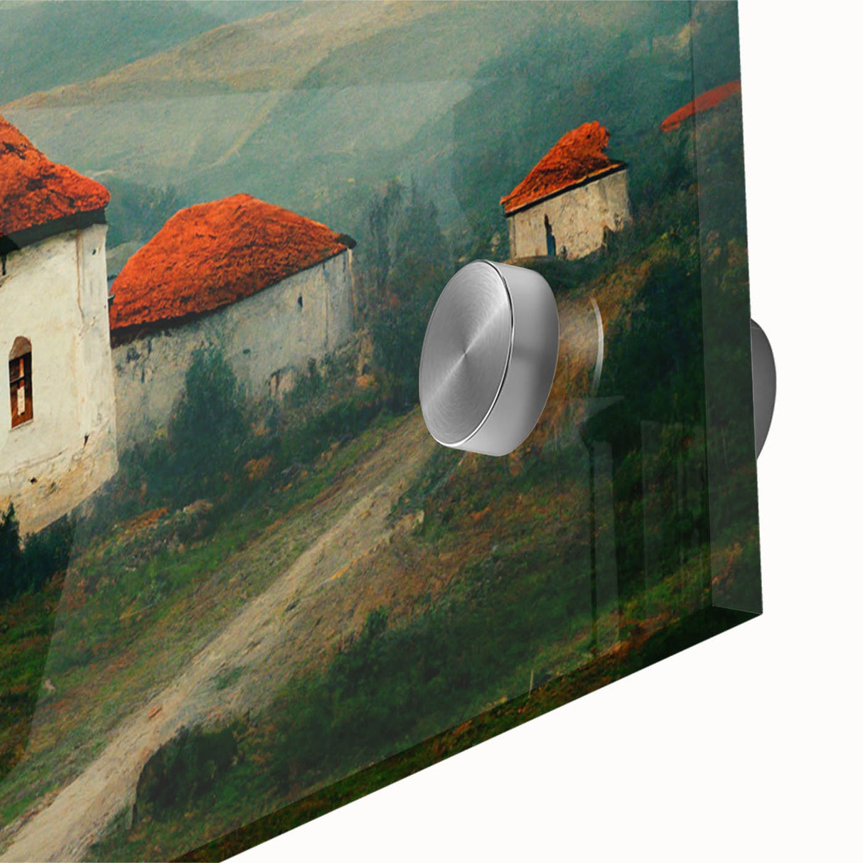 Large abstract wall art depicting a European scenery in mid-century modernist style, printed on acrylic glass.