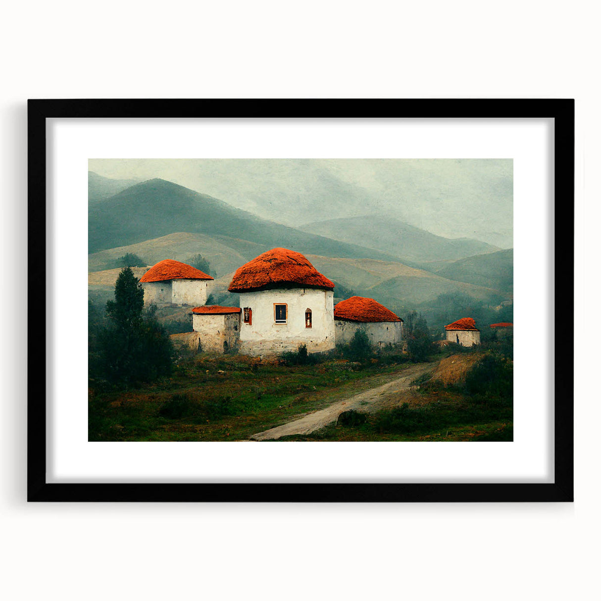 Extra large abstract art print of colorful, textured European scenery on a black framed canvas.