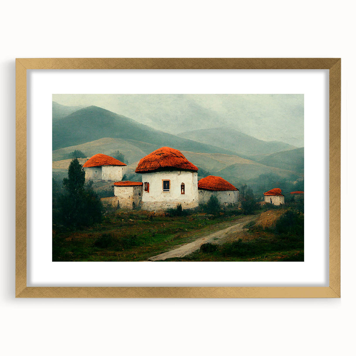 Abstract art print of a European Bulgarian landscape in muted earth tones on a framed canvas, suitable for dining room decor.