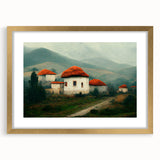 Abstract art print of a European Bulgarian landscape in muted earth tones on a framed canvas, suitable for dining room decor.