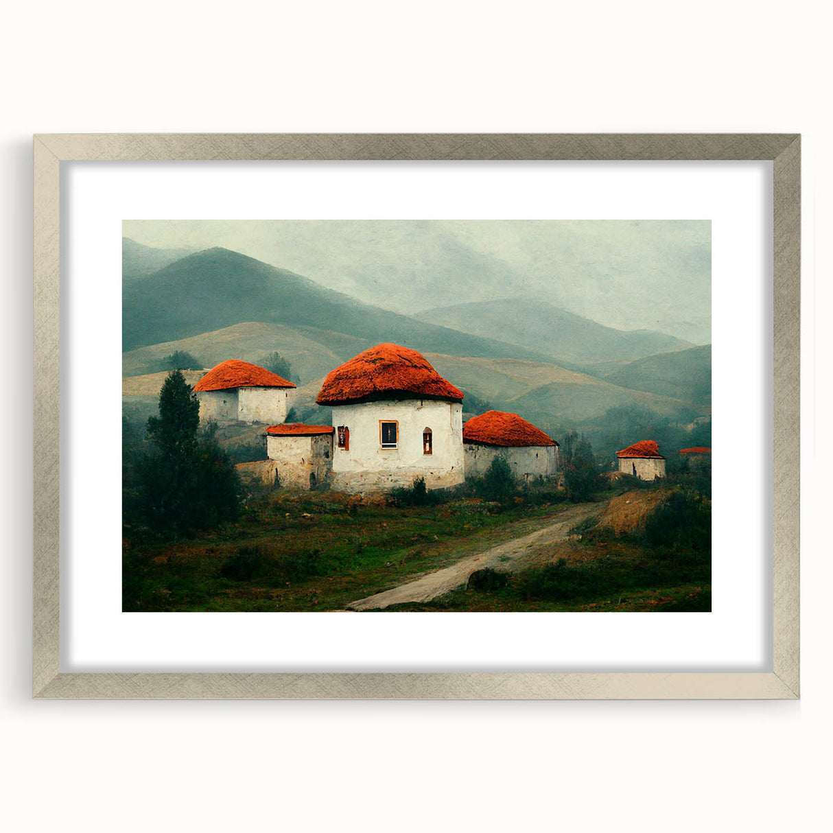 Extra large abstract art print of a textured European scenery in muted earth tones, framed in silver.