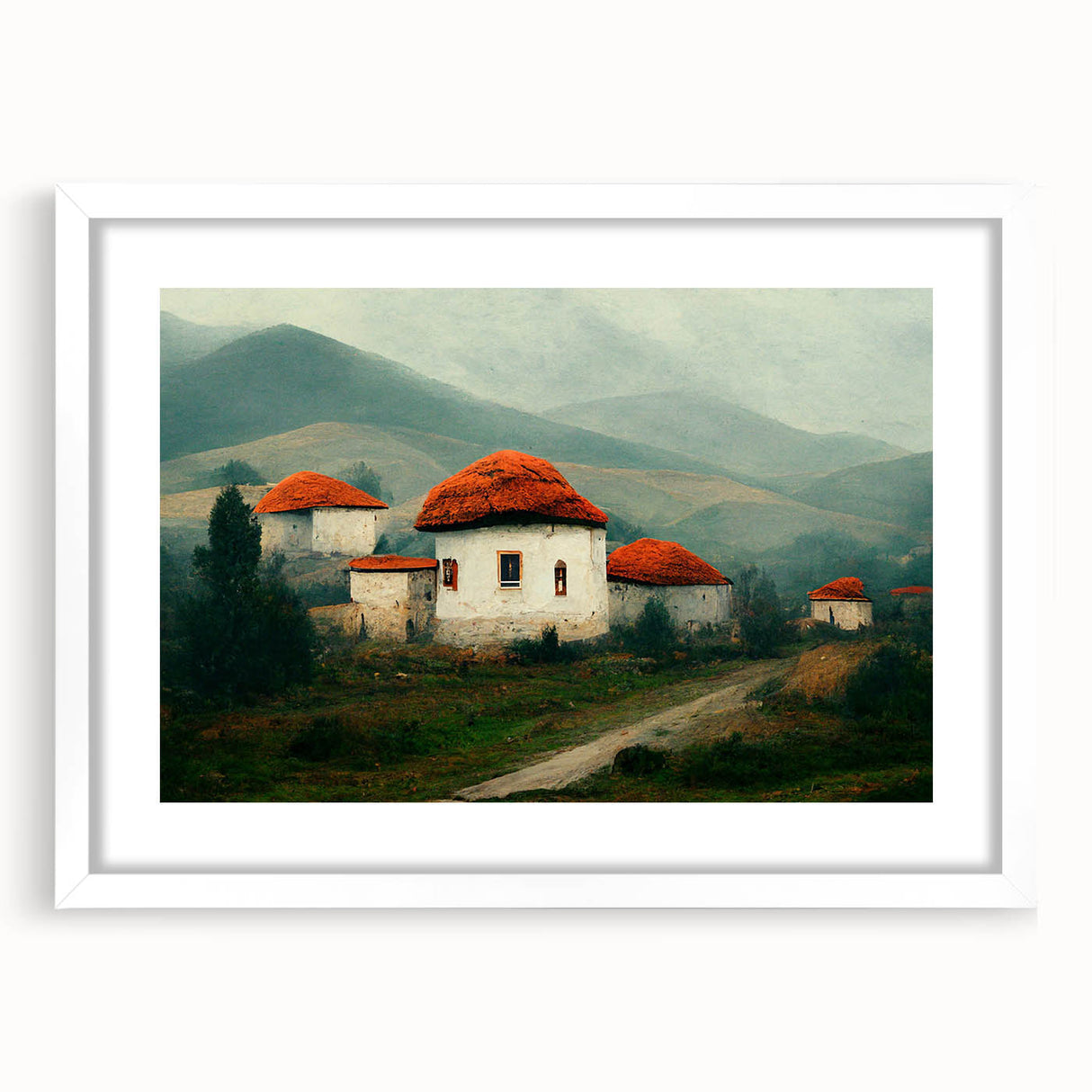 Textured art print of an abstract European scenery in muted earth tones on a white framed mat, ideal for bedroom decor.