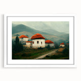 Textured art print of an abstract European scenery in muted earth tones on a white framed mat, ideal for bedroom decor.