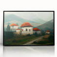 Large abstract wall art featuring a mid-century modernist style with a scenic Bulgarian landscape in muted earth tones.