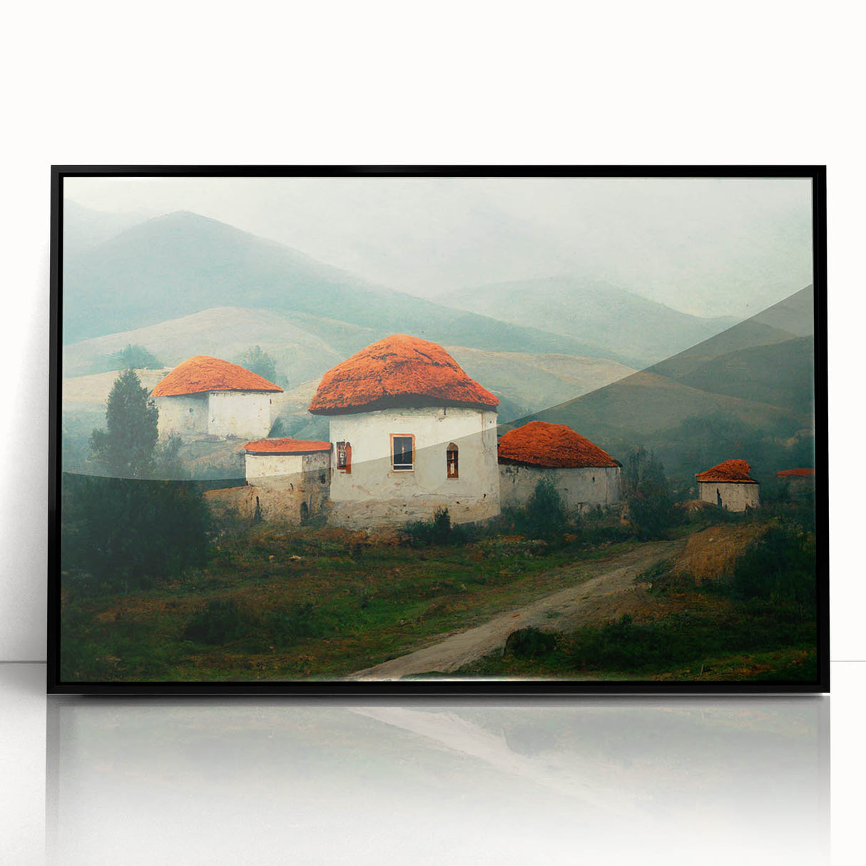 Large abstract wall art featuring a mid-century modernist style with a scenic Bulgarian landscape in muted earth tones.