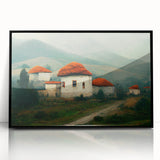 Large abstract wall art featuring a mid-century modernist style with a scenic Bulgarian landscape in muted earth tones.