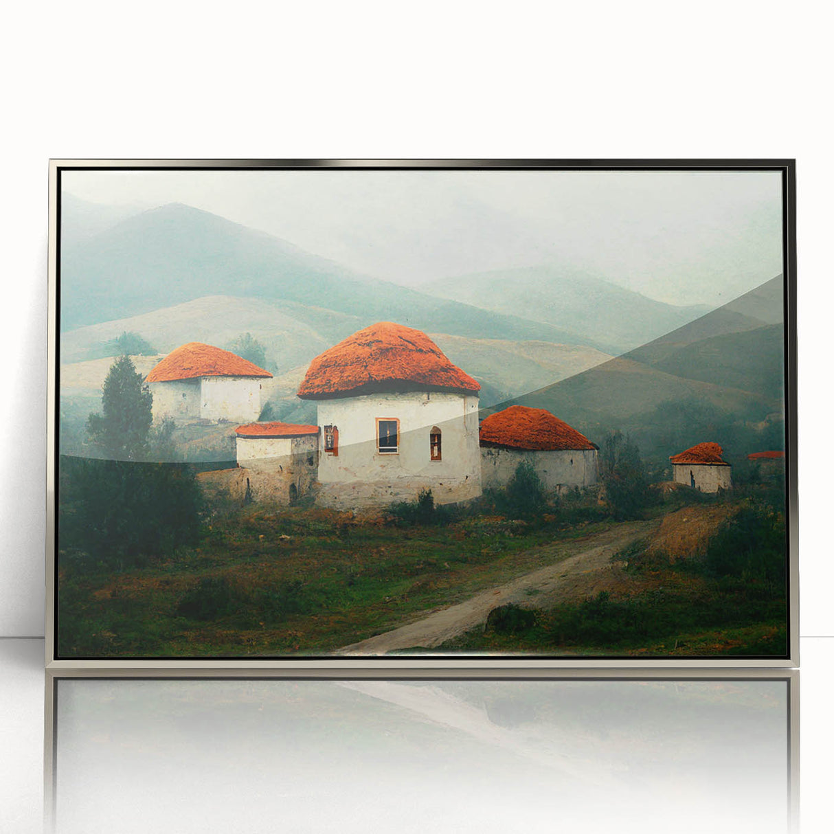 Large art print of a Bulgarian landscape in muted earth tones, framed in silver acrylic, suitable for modern art wall decor.