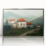 Large art print of a Bulgarian landscape in muted earth tones, framed in silver acrylic, suitable for modern art wall decor.