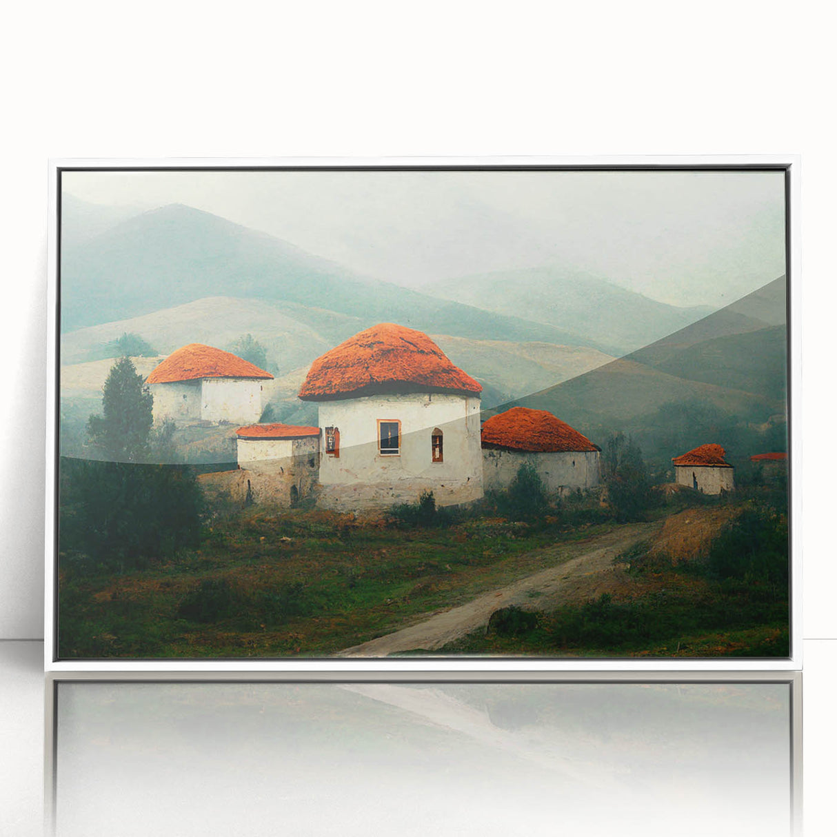 Mid-century modernist art depicting a European Bulgarian landscape in muted earth tones on a framed acrylic print.