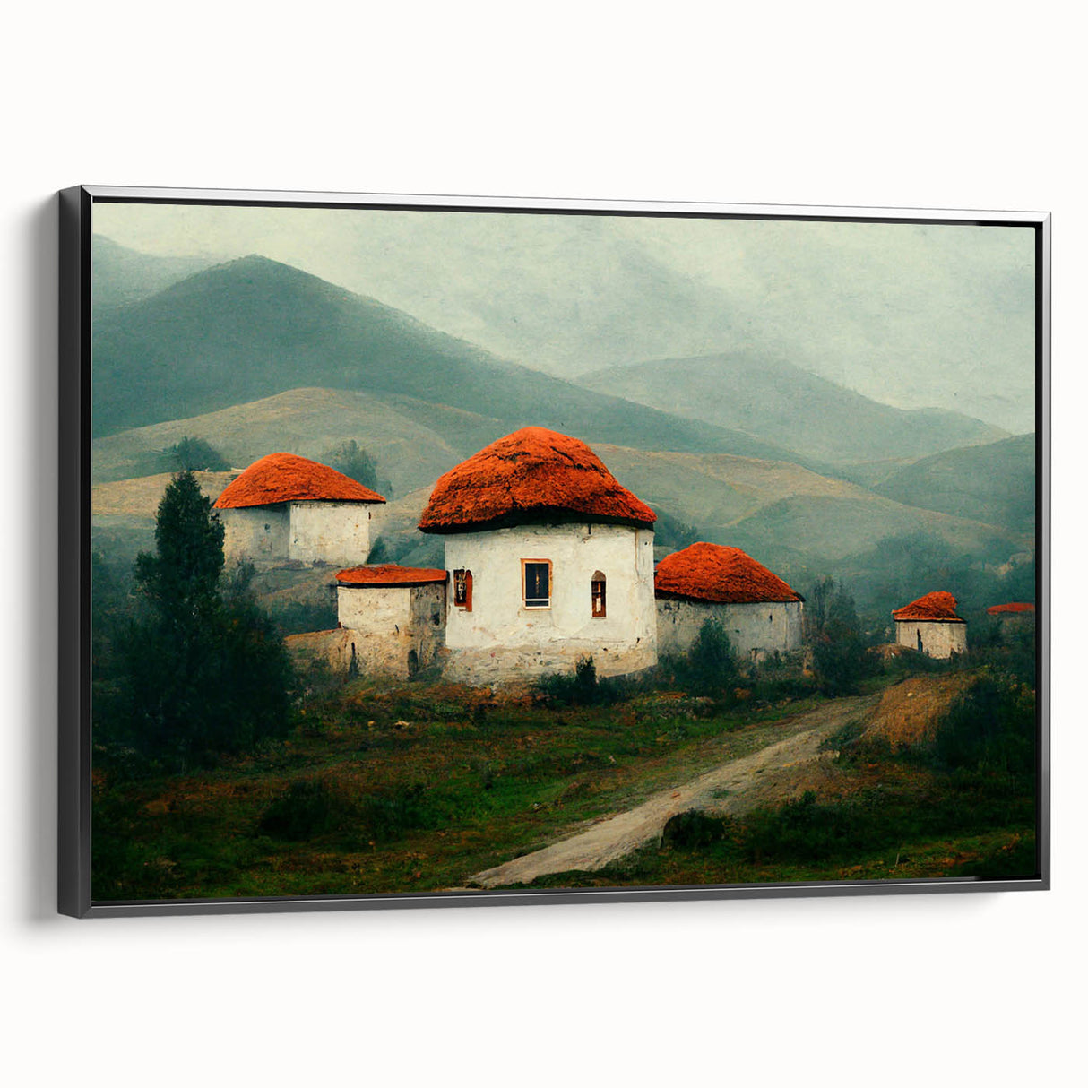 Black and white framed canvas depicting a vintage Bulgarian landscape, ideal for bedroom wall art.