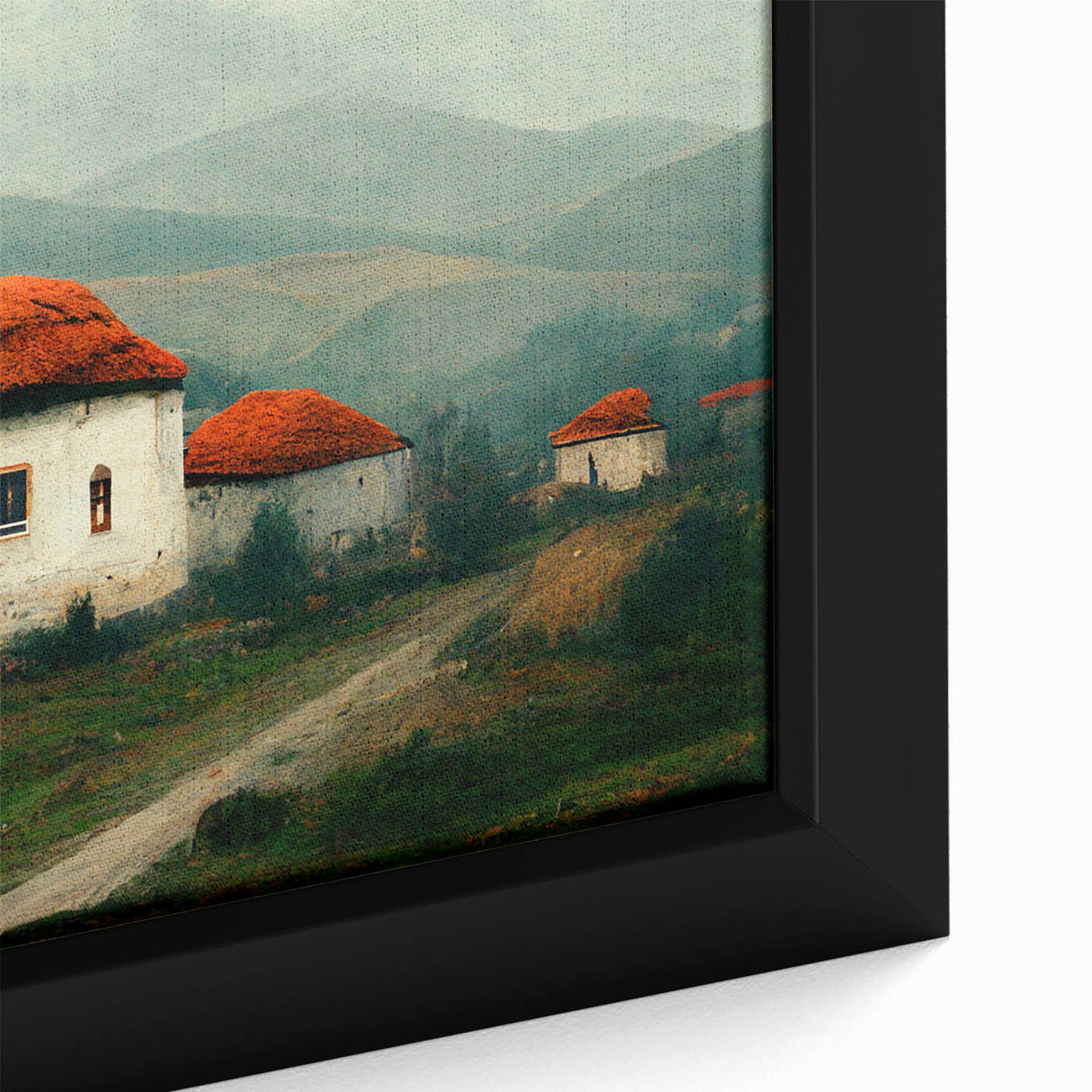 Extra large framed canvas featuring a textured, colorful abstract of a European scenery, ideal for living room decor.