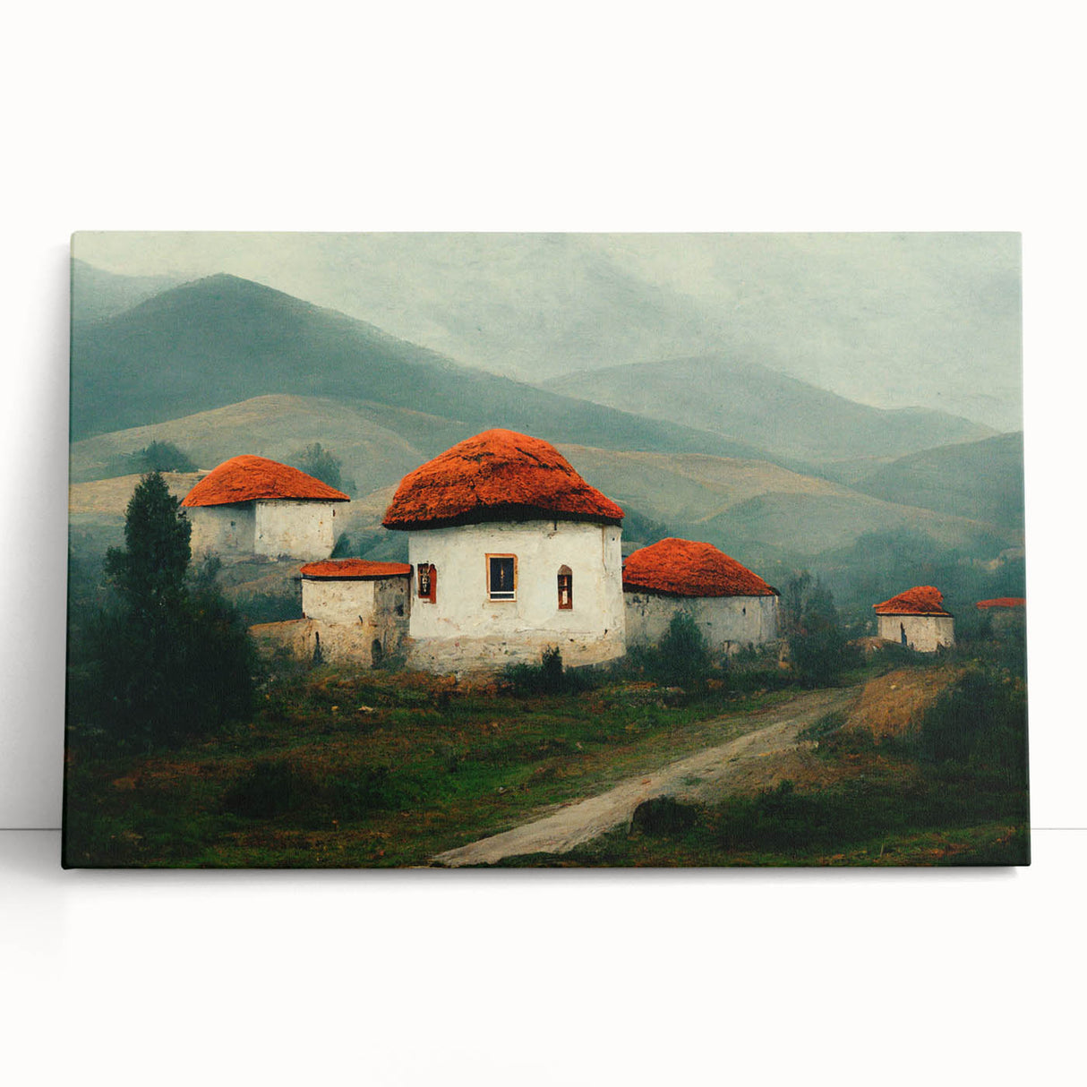 Black and white print of a European scenery on stretched canvas, ideal for kitchen art.