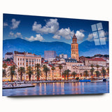 Acrylic print of a large abstract depiction of Croatian scenery in muted blue and green tones.