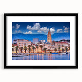 Extra large abstract art print featuring a vibrant, textured depiction of a Croatian landscape on a black-framed canvas.