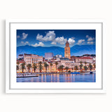 Extra large abstract art print depicting a textured Croatian landscape in muted earth tones, framed in white.