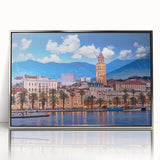 Mid-century modernist acrylic print of a Croatian landscape in muted earth tones, framed in silver.