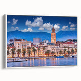 Framed canvas of a vintage-style Croatian landscape, featuring vibrant hues and black borders, ideal for living room decor.