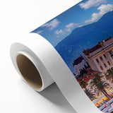 Art Deco style poster of a European scenery in Croatia with muted blues and greens on rolled canvas.