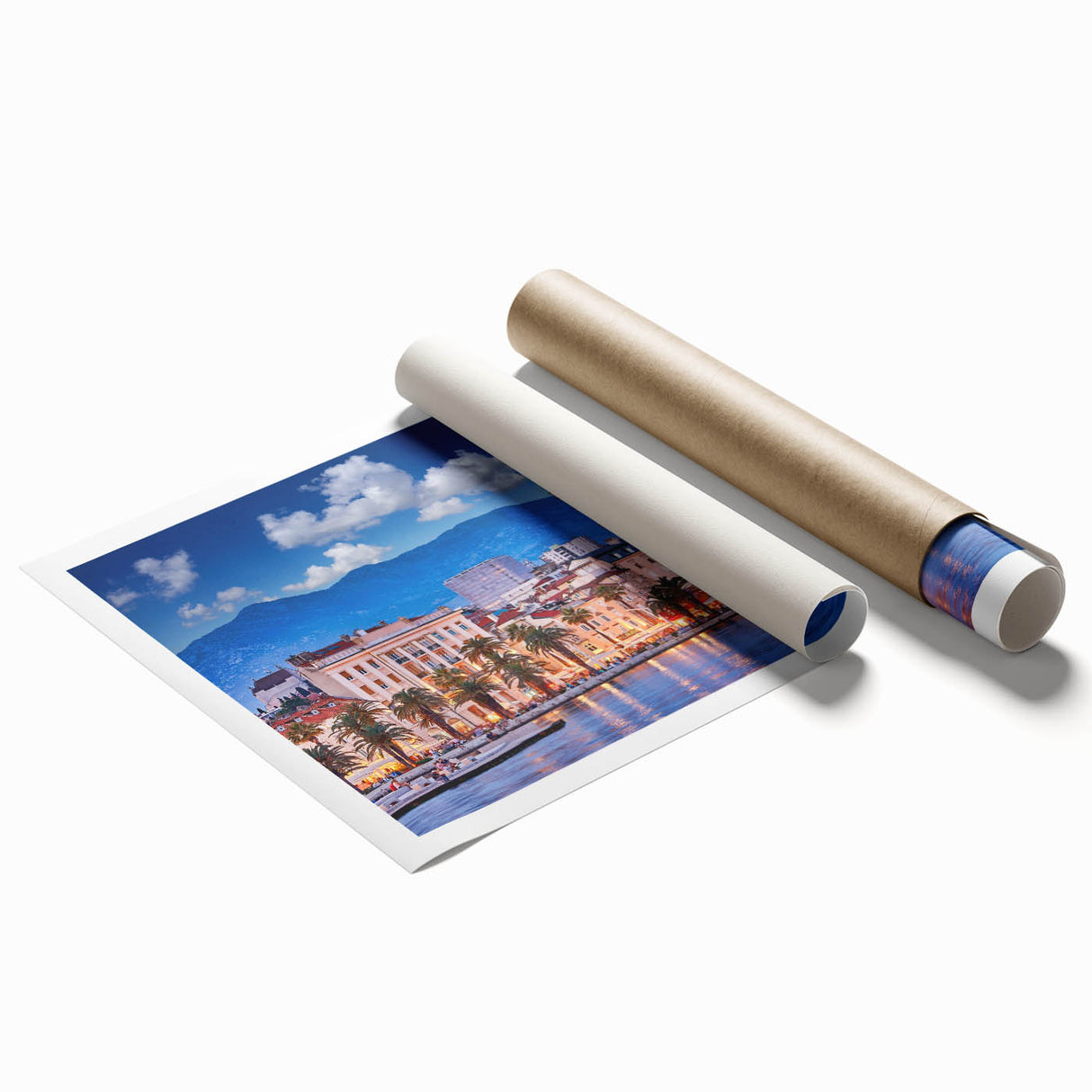 Extra large rolled print of a Croatian landscape with vibrant floral elements, ideal for classy bathroom wall art.