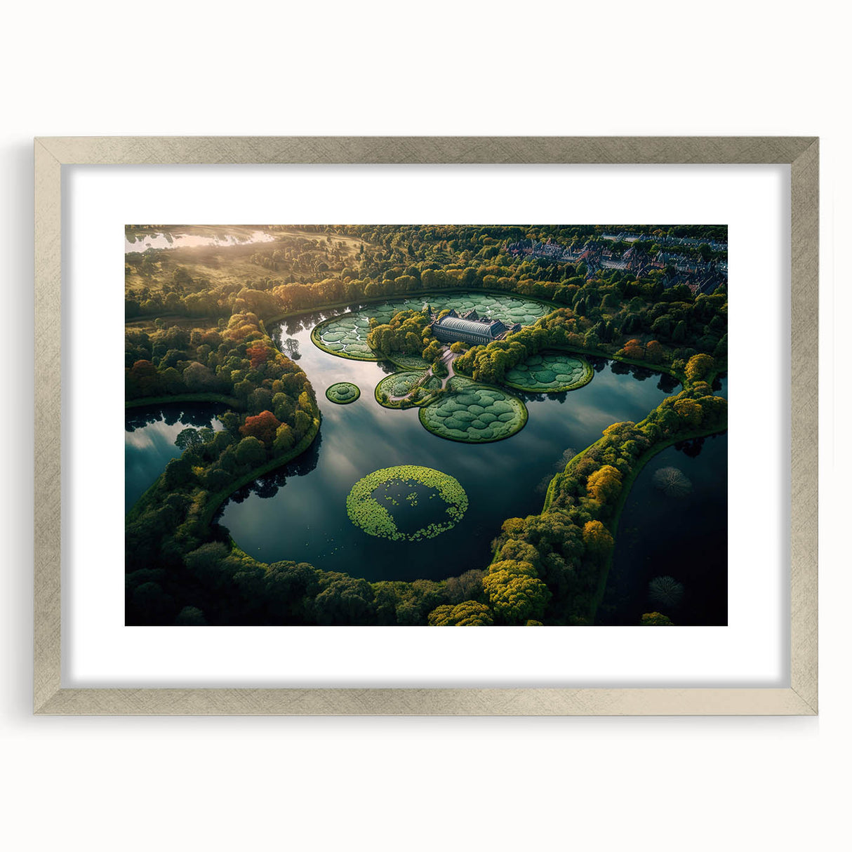 Extra large abstract art print depicting a textured European scenery in muted earth tones, framed with a silver mat.