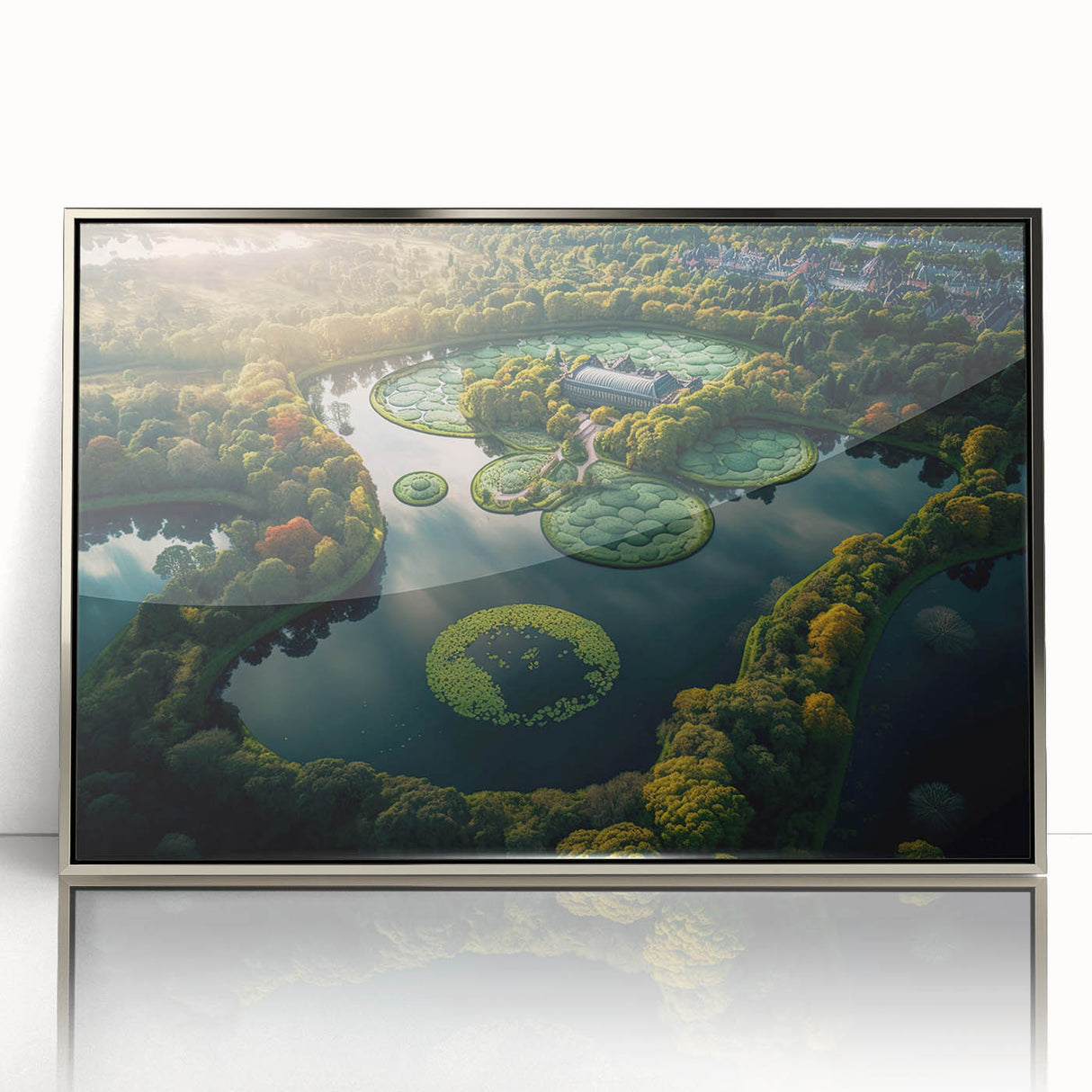 Large art print of a Danish landscape in muted earth tones, framed in silver acrylic, suitable for nursery wall art.