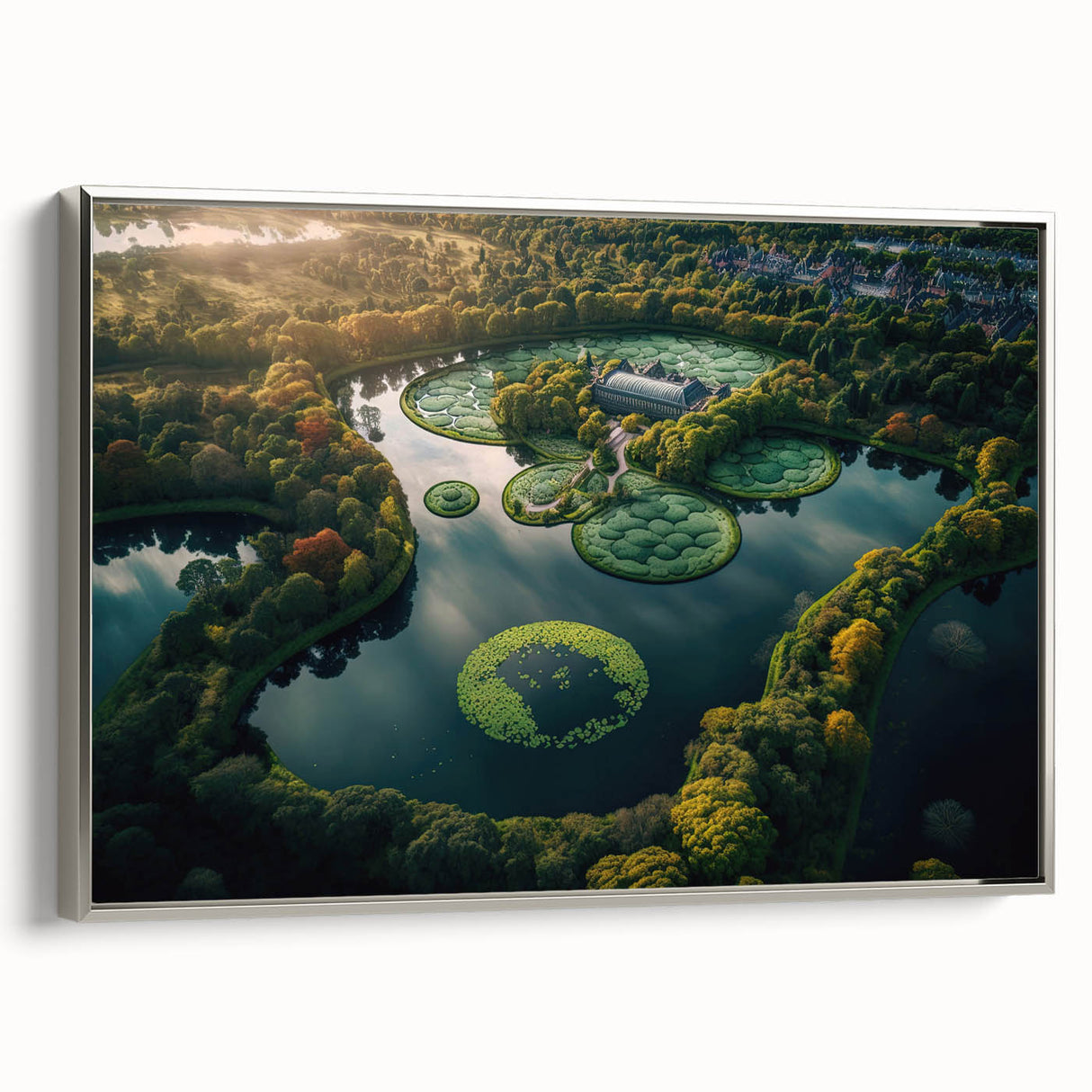 Framed canvas landscape art painting of a Danish scenery in vibrant colors on a black background.