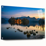 Acrylic print of Cumbria landscape in muted greens and blues, ideal for dining room decor.